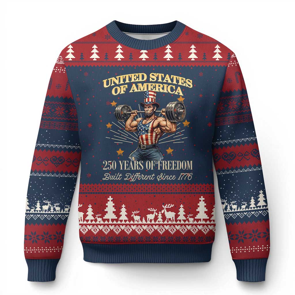 USA 250 Years of Freedom Muscular Uncle Sam Weightlifter Ugly Christmas Sweater Built Different Since 1776 Funny Patriotic Buff Graphic