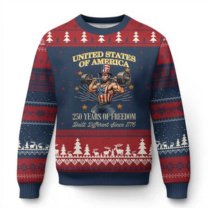 USA 250 Years of Freedom Muscular Uncle Sam Weightlifter Ugly Christmas Sweater Built Different Since 1776 Funny Patriotic Buff Graphic