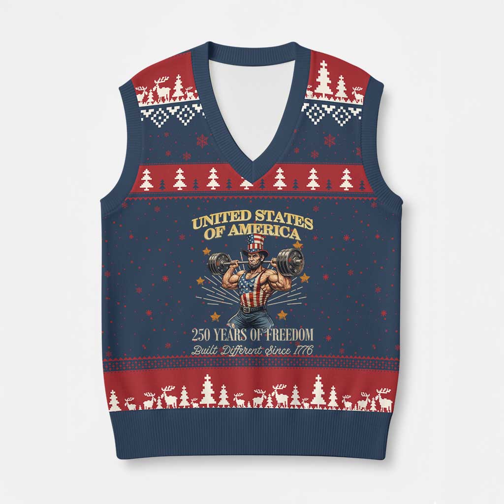 USA 250 Years of Freedom Muscular Uncle Sam Weightlifter V-Neck Knit Sweater Vest Built Different Since 1776 Funny Patriotic Buff Graphic