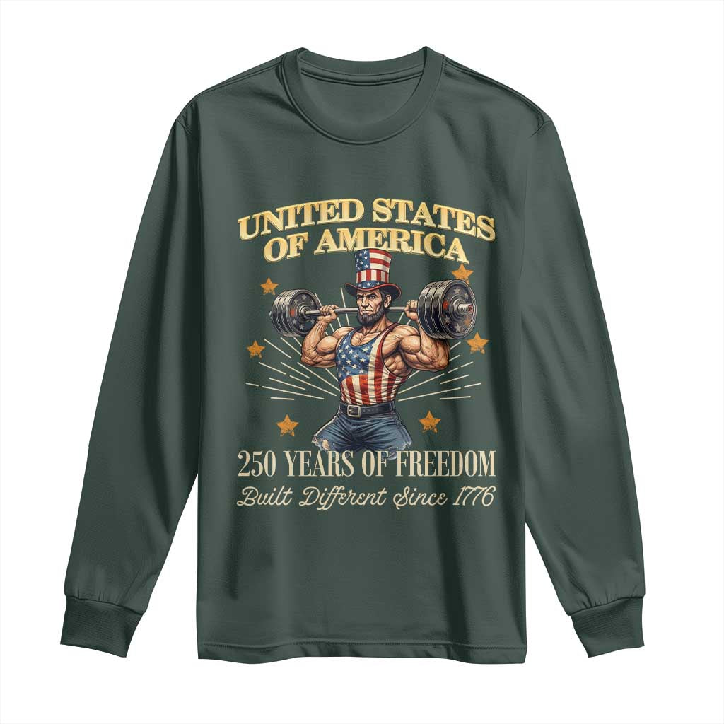 USA 250 Years of Freedom Muscular Uncle Sam Weightlifter Long Sleeve Shirt Built Different Since 1776 Funny Patriotic Buff Graphic