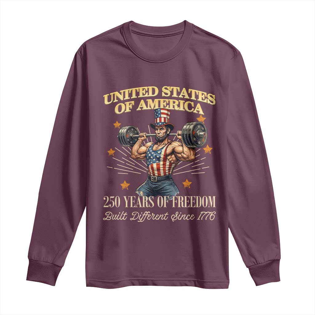 USA 250 Years of Freedom Muscular Uncle Sam Weightlifter Long Sleeve Shirt Built Different Since 1776 Funny Patriotic Buff Graphic