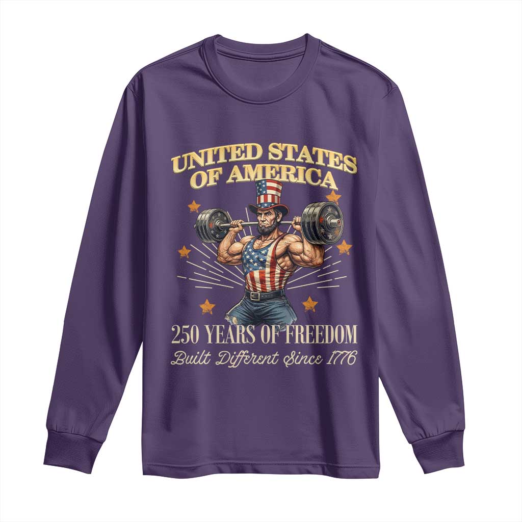 USA 250 Years of Freedom Muscular Uncle Sam Weightlifter Long Sleeve Shirt Built Different Since 1776 Funny Patriotic Buff Graphic