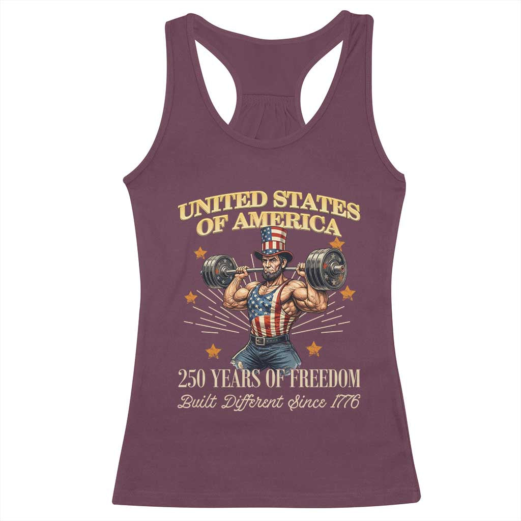 USA 250 Years of Freedom Muscular Uncle Sam Weightlifter Racerback Tank Top Built Different Since 1776 Funny Patriotic Buff Graphic