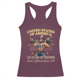 USA 250 Years of Freedom Muscular Uncle Sam Weightlifter Racerback Tank Top Built Different Since 1776 Funny Patriotic Buff Graphic