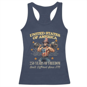 USA 250 Years of Freedom Muscular Uncle Sam Weightlifter Racerback Tank Top Built Different Since 1776 Funny Patriotic Buff Graphic