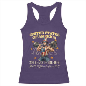 USA 250 Years of Freedom Muscular Uncle Sam Weightlifter Racerback Tank Top Built Different Since 1776 Funny Patriotic Buff Graphic
