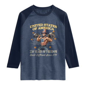 USA 250 Years of Freedom Muscular Uncle Sam Weightlifter Raglan Shirt Built Different Since 1776 Funny Patriotic Buff Graphic