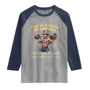 USA 250 Years of Freedom Muscular Uncle Sam Weightlifter Raglan Shirt Built Different Since 1776 Funny Patriotic Buff Graphic