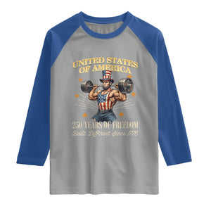 USA 250 Years of Freedom Muscular Uncle Sam Weightlifter Raglan Shirt Built Different Since 1776 Funny Patriotic Buff Graphic