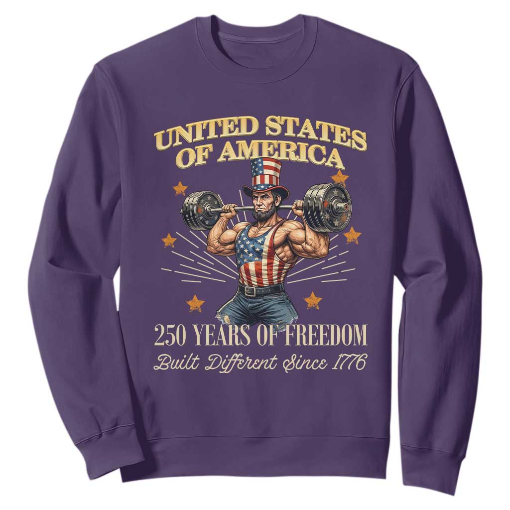USA 250 Years of Freedom Muscular Uncle Sam Weightlifter Sweatshirt Built Different Since 1776 Funny Patriotic Buff Graphic