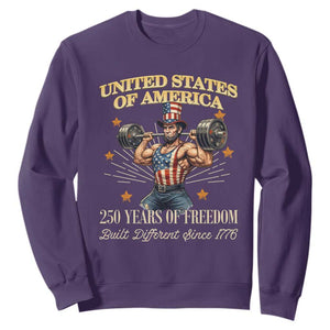 USA 250 Years of Freedom Muscular Uncle Sam Weightlifter Sweatshirt Built Different Since 1776 Funny Patriotic Buff Graphic