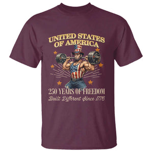 USA 250 Years of Freedom Muscular Uncle Sam Weightlifter T Shirt Built Different Since 1776 Funny Patriotic Buff Graphic