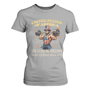 USA 250 Years of Freedom Muscular Uncle Sam Weightlifter T Shirt For Women Built Different Since 1776 Funny Patriotic Buff Graphic