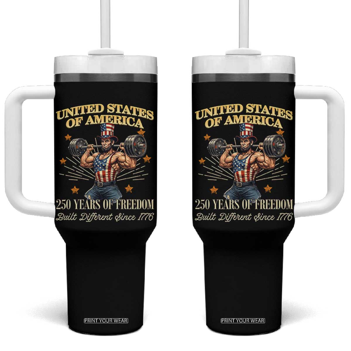 USA 250 Years of Freedom Muscular Uncle Sam Weightlifter Tumbler With Handle Built Different Since 1776 Funny Patriotic Buff Graphic