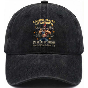 USA 250 Years of Freedom Muscular Uncle Sam Weightlifter Washed Cotton Baseball Cap Built Different Since 1776 Funny Patriotic Buff Graphic