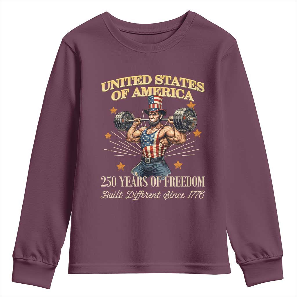 USA 250 Years of Freedom Muscular Uncle Sam Weightlifter Youth Sweatshirt Built Different Since 1776 Funny Patriotic Buff Graphic