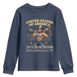 USA 250 Years of Freedom Muscular Uncle Sam Weightlifter Youth Sweatshirt Built Different Since 1776 Funny Patriotic Buff Graphic