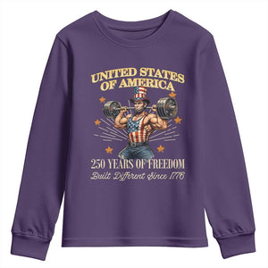 USA 250 Years of Freedom Muscular Uncle Sam Weightlifter Youth Sweatshirt Built Different Since 1776 Funny Patriotic Buff Graphic