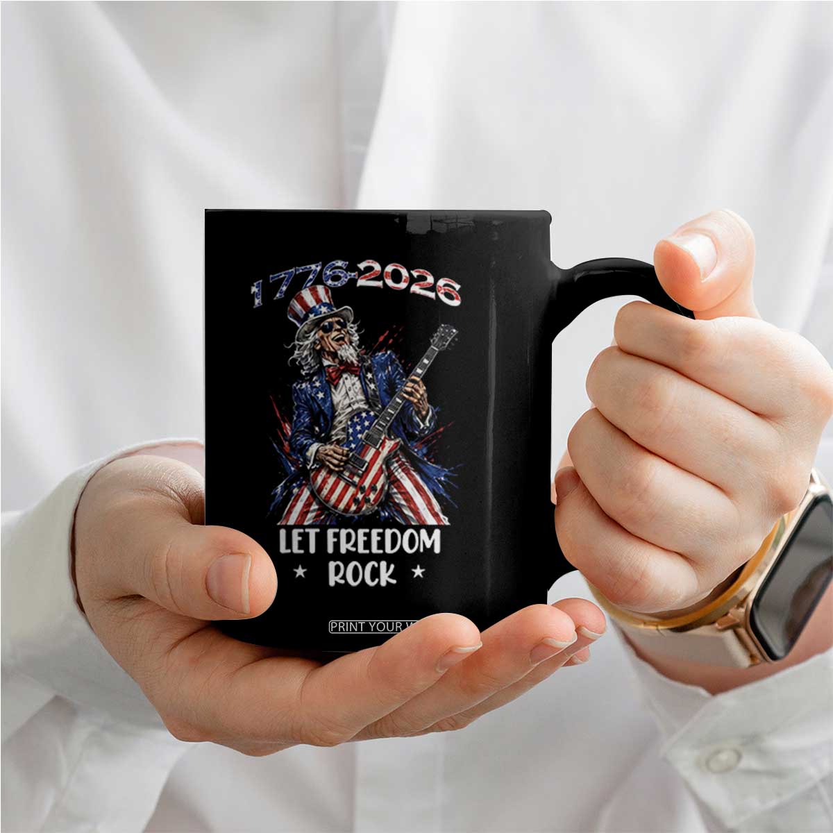 Let Freedom Rock Uncle Sam Rock Star Coffee Mug Funny Electric Guitar Player American Flag Suit 1776 to 2026 Semiquincentennial