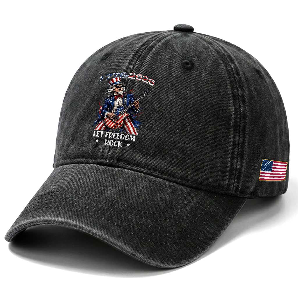 Let Freedom Rock Uncle Sam Rock Star Washed Cotton Baseball Cap Funny Electric Guitar Player American Flag Suit 1776 to 2026 Semiquincentennial