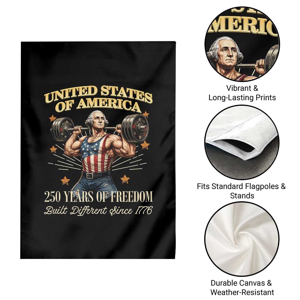 USA 250 Years of Freedom Muscular George Washington Weightlifter Garden Flag Built Different Since 1776 Funny Patriotic 1st President Bodybuilder