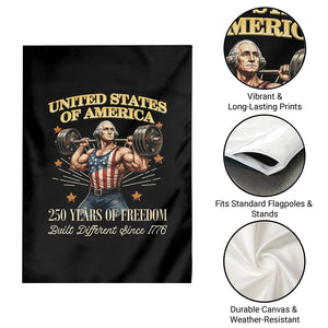 USA 250 Years of Freedom Muscular George Washington Weightlifter Garden Flag Built Different Since 1776 Funny Patriotic 1st President Bodybuilder