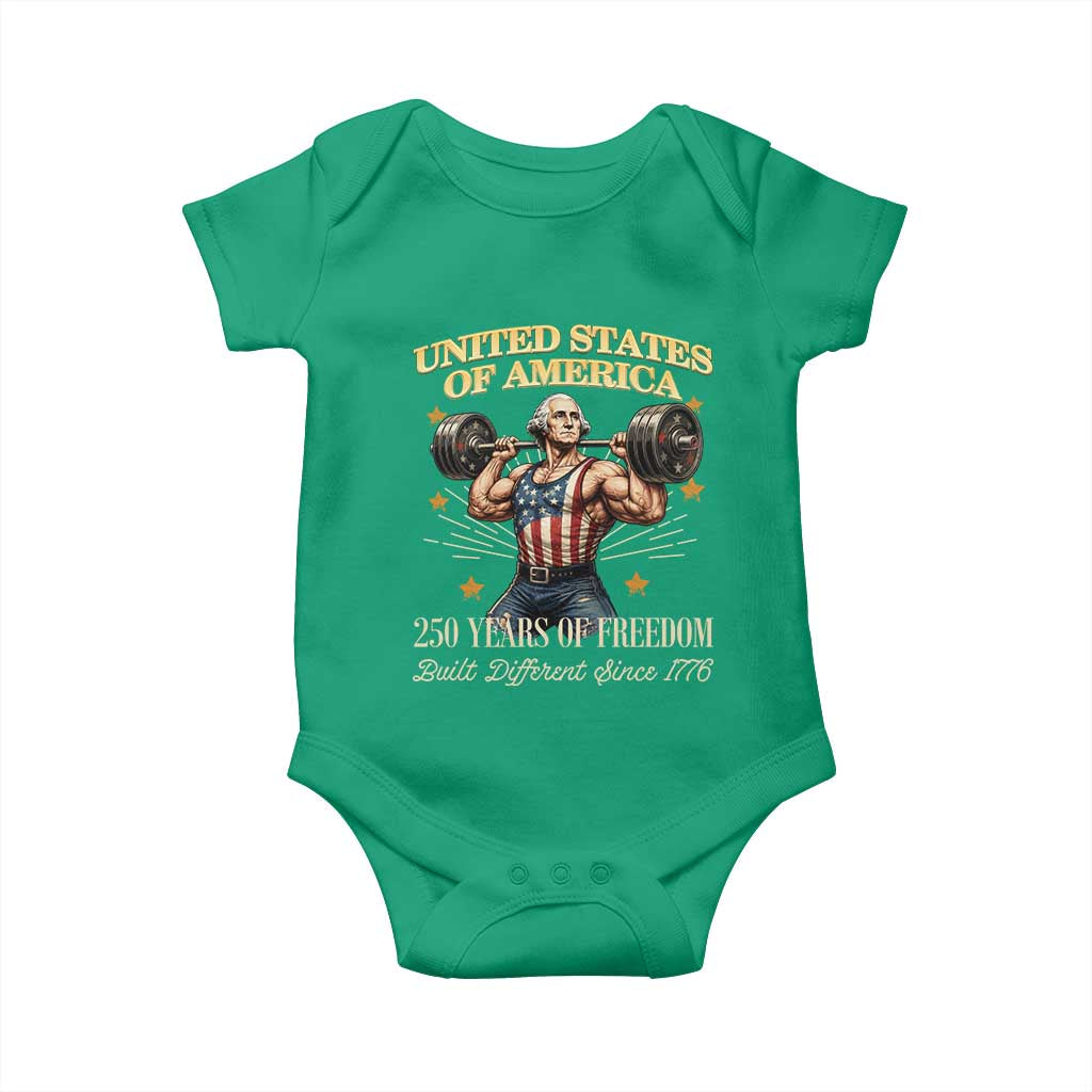 USA 250 Years of Freedom Muscular George Washington Weightlifter Baby Onesie Built Different Since 1776 Funny Patriotic 1st President Bodybuilder