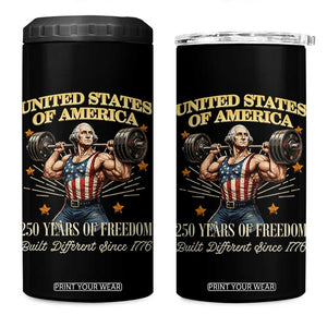 USA 250 Years of Freedom Muscular George Washington Weightlifter 4 in 1 Can Cooler Tumbler Built Different Since 1776 Funny Patriotic 1st President Bodybuilder