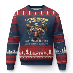USA 250 Years of Freedom Muscular George Washington Weightlifter Ugly Christmas Sweater Built Different Since 1776 Funny Patriotic 1st President Bodybuilder