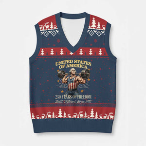 USA 250 Years of Freedom Muscular George Washington Weightlifter V-Neck Knit Sweater Vest Built Different Since 1776 Funny Patriotic 1st President Bodybuilder
