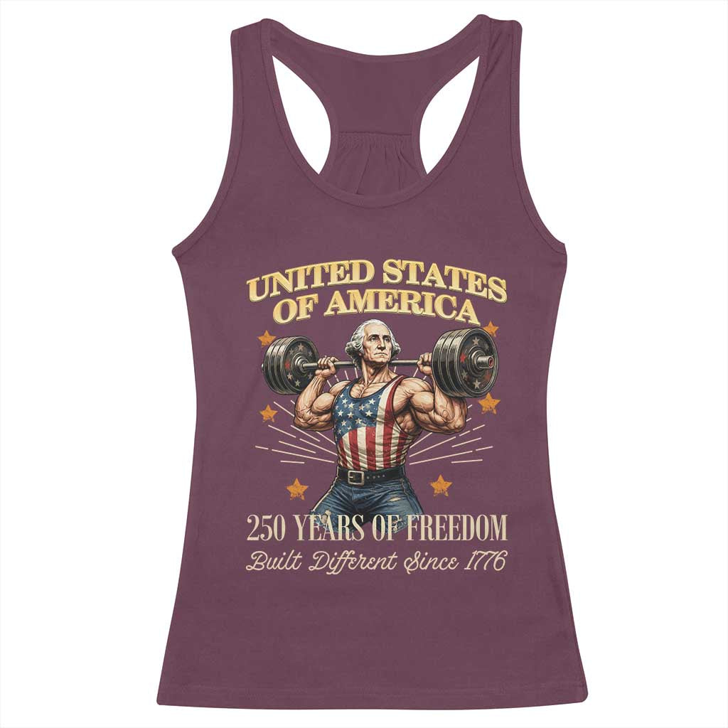 USA 250 Years of Freedom Muscular George Washington Weightlifter Racerback Tank Top Built Different Since 1776 Funny Patriotic 1st President Bodybuilder