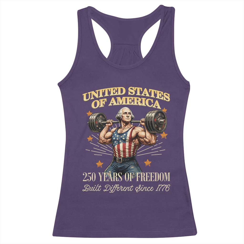USA 250 Years of Freedom Muscular George Washington Weightlifter Racerback Tank Top Built Different Since 1776 Funny Patriotic 1st President Bodybuilder