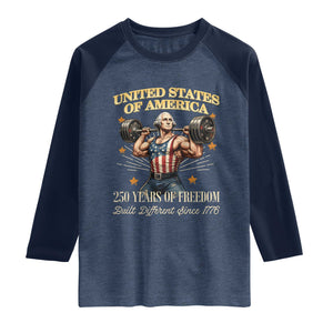 USA 250 Years of Freedom Muscular George Washington Weightlifter Raglan Shirt Built Different Since 1776 Funny Patriotic 1st President Bodybuilder