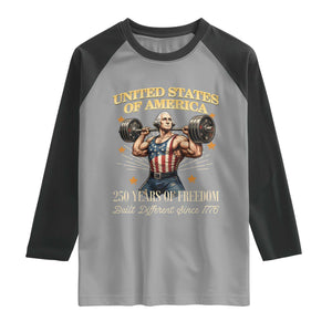 USA 250 Years of Freedom Muscular George Washington Weightlifter Raglan Shirt Built Different Since 1776 Funny Patriotic 1st President Bodybuilder