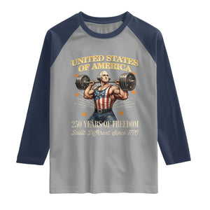 USA 250 Years of Freedom Muscular George Washington Weightlifter Raglan Shirt Built Different Since 1776 Funny Patriotic 1st President Bodybuilder