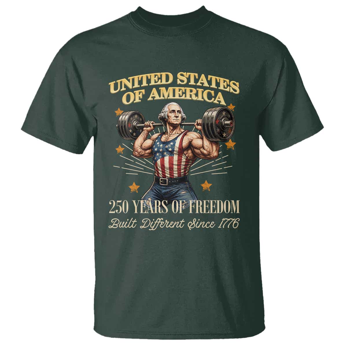 USA 250 Years of Freedom Muscular George Washington Weightlifter T Shirt Built Different Since 1776 Funny Patriotic 1st President Bodybuilder