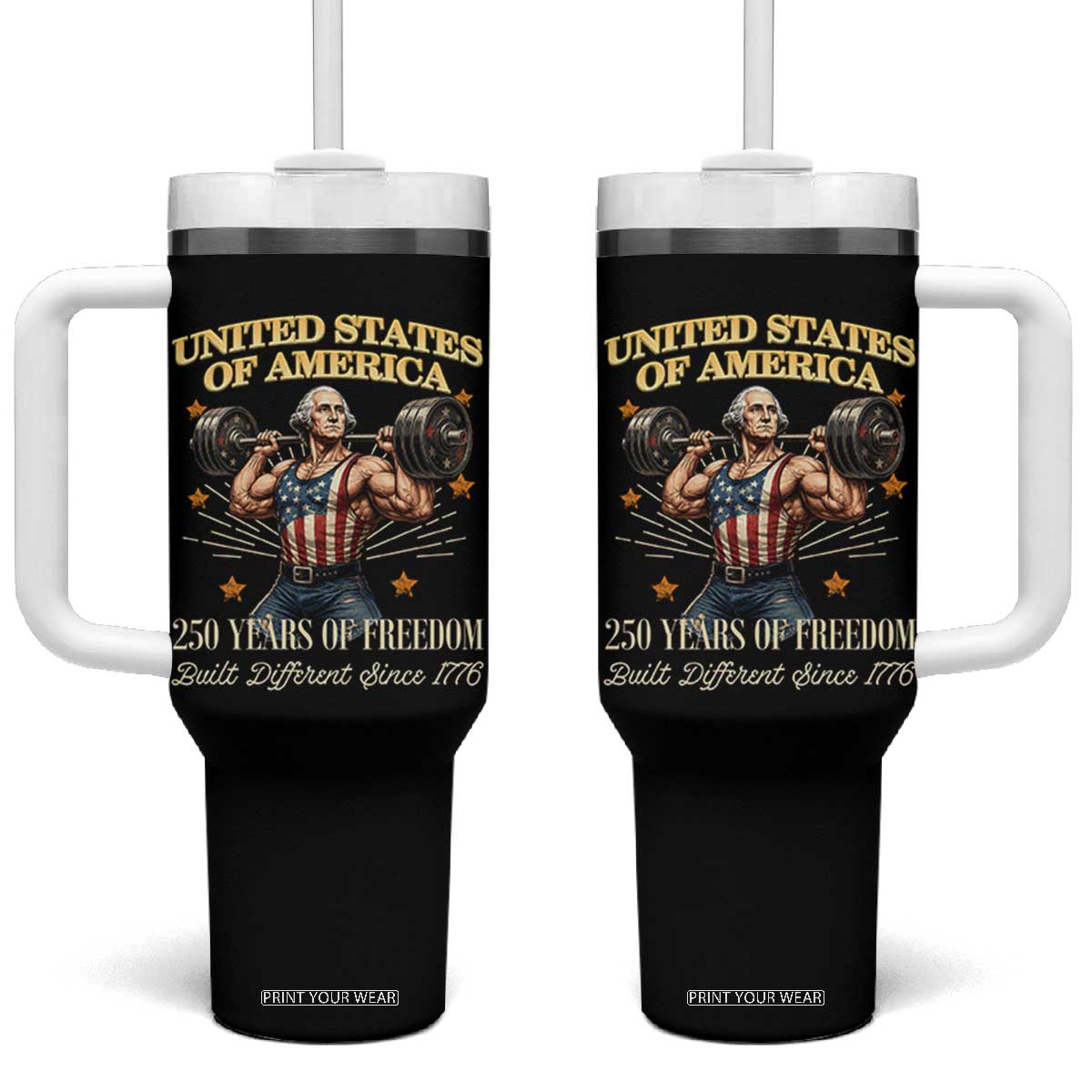 USA 250 Years of Freedom Muscular George Washington Weightlifter Tumbler With Handle Built Different Since 1776 Funny Patriotic 1st President Bodybuilder