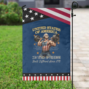 USA 250 Years of Freedom Muscular George Washington Weightlifter Patriotic Garden Flag Built Different Since 1776 Funny 1st President Bodybuilder