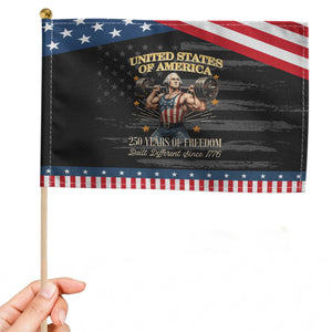 USA 250 Years of Freedom Muscular George Washington Weightlifter Patriotic Handheld Flag Built Different Since 1776 Funny 1st President Bodybuilder