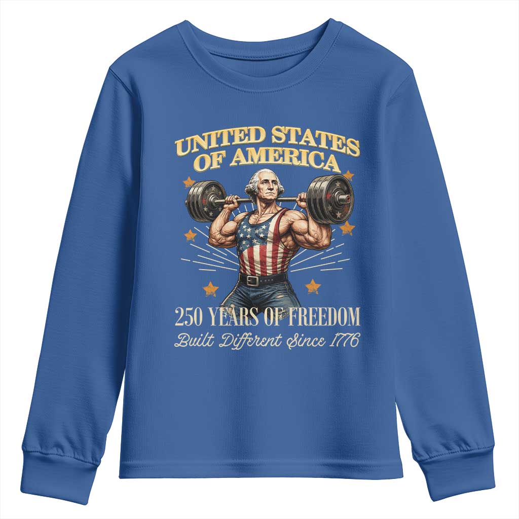 USA 250 Years of Freedom Muscular George Washington Weightlifter Youth Sweatshirt Built Different Since 1776 Funny Patriotic 1st President Bodybuilder
