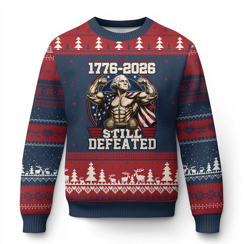Still Undefeated 1776 to 2026 Muscular George Washington Ugly Christmas Sweater Buff Bodybuilder American Flag Cape 250th Anniversary Semiquincentennial