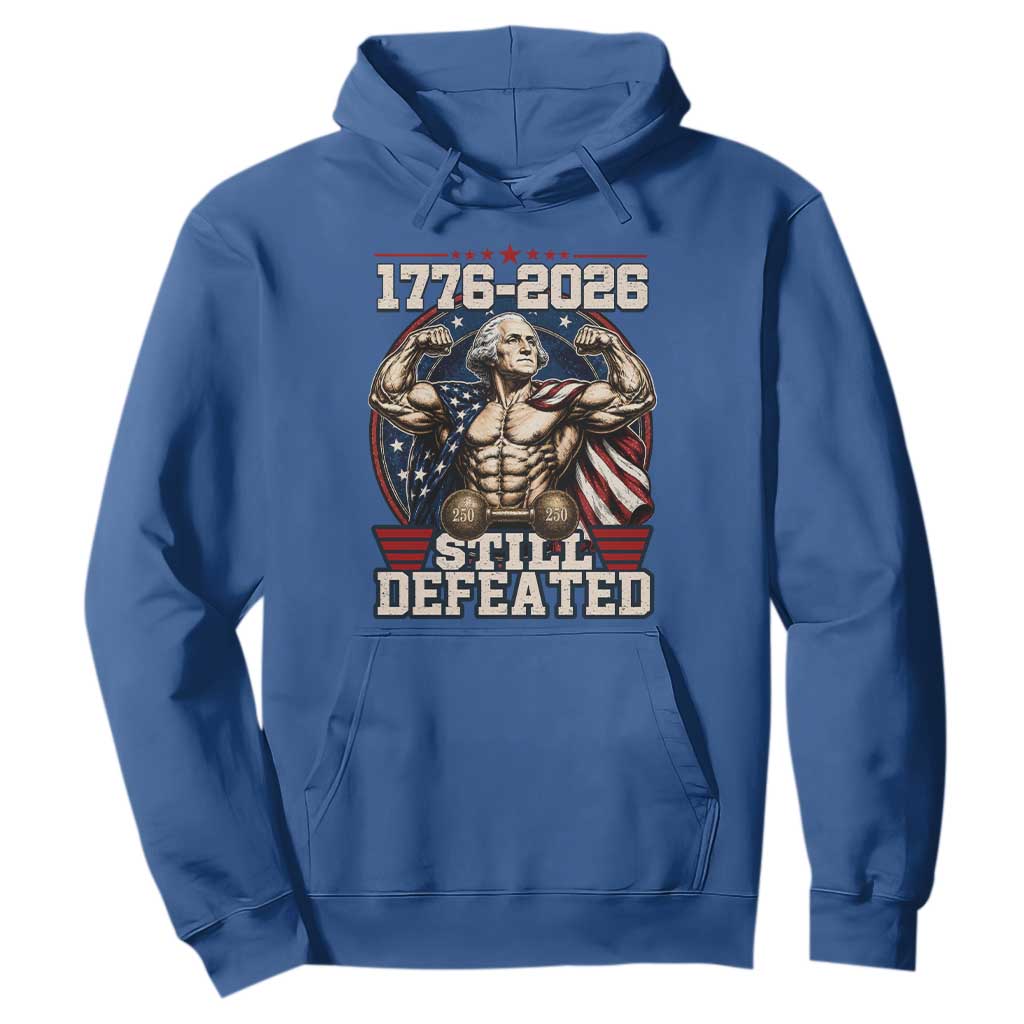 Still Undefeated 1776 to 2026 Muscular George Washington Hoodie Buff Bodybuilder American Flag Cape 250th Anniversary Semiquincentennial