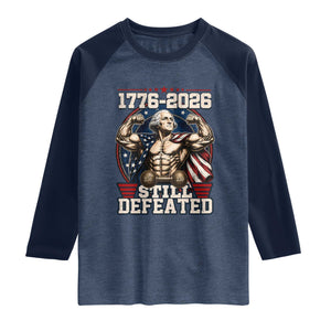 Still Undefeated 1776 to 2026 Muscular George Washington Raglan Shirt Buff Bodybuilder American Flag Cape 250th Anniversary Semiquincentennial