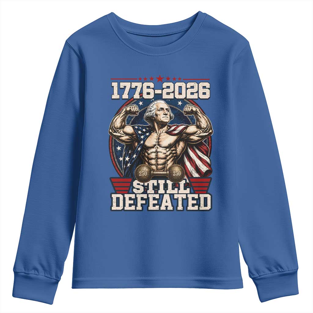 Still Undefeated 1776 to 2026 Muscular George Washington Youth Sweatshirt Buff Bodybuilder American Flag Cape 250th Anniversary Semiquincentennial