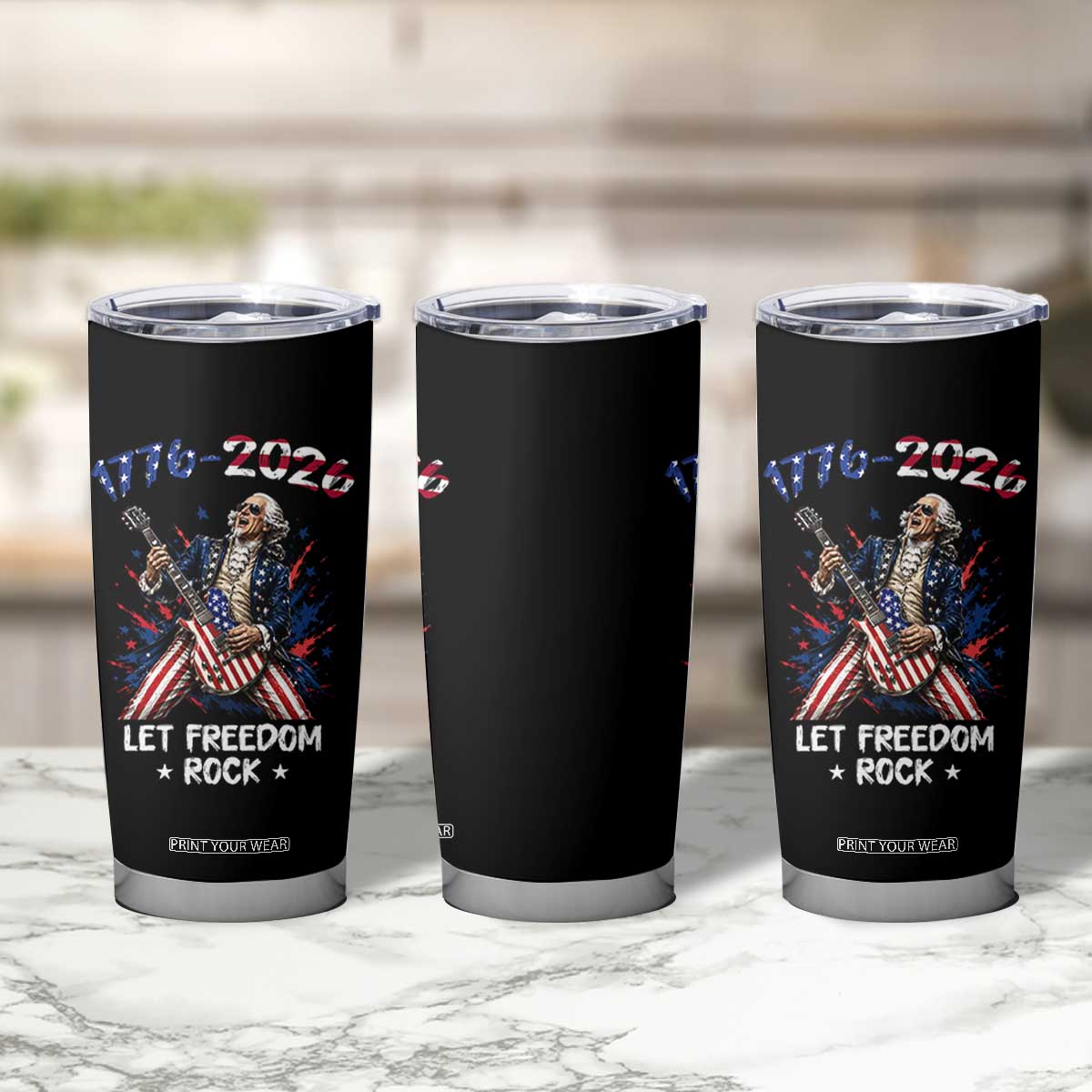 Let Freedom Rock George Washington Rock Star Tumbler Cup Funny Electric Guitar Player American Flag Suit 1776 to 2026 Semiquincentennial