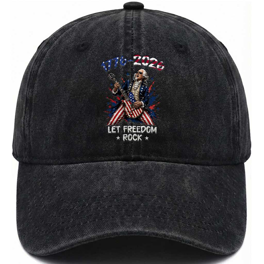 Let Freedom Rock George Washington Rock Star Washed Cotton Baseball Cap Funny Electric Guitar Player American Flag Suit 1776 to 2026 Semiquincentennial
