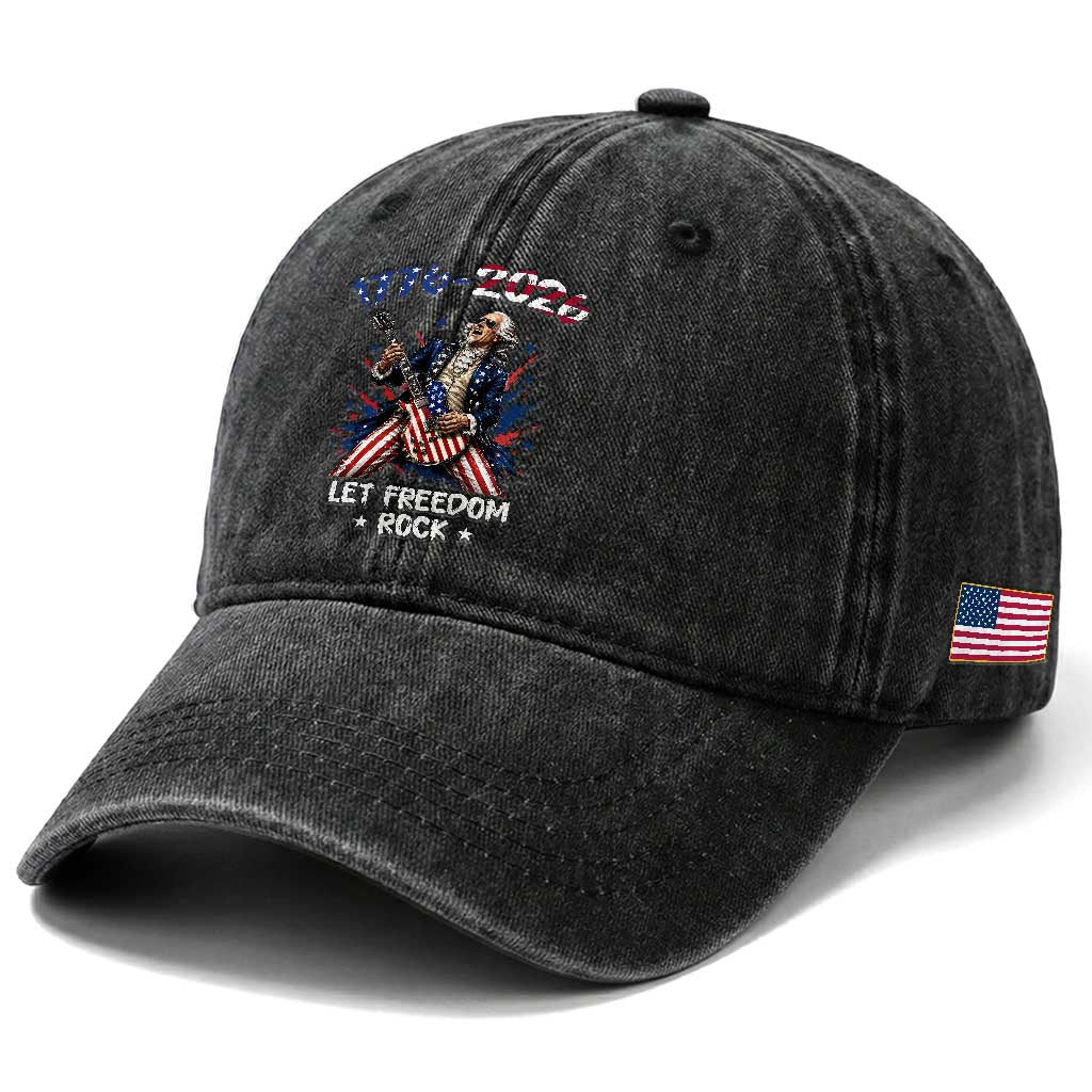 Let Freedom Rock George Washington Rock Star Washed Cotton Baseball Cap Funny Electric Guitar Player American Flag Suit 1776 to 2026 Semiquincentennial