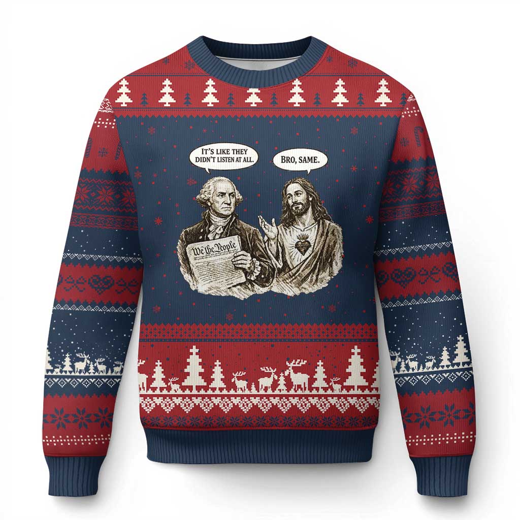 George Washington and Jesus Funny Historical Conversation Ugly Christmas Sweater Its Like They Didnt Listen At All Meme Patriotic Humor TS02 Navy Red Print Your Wear