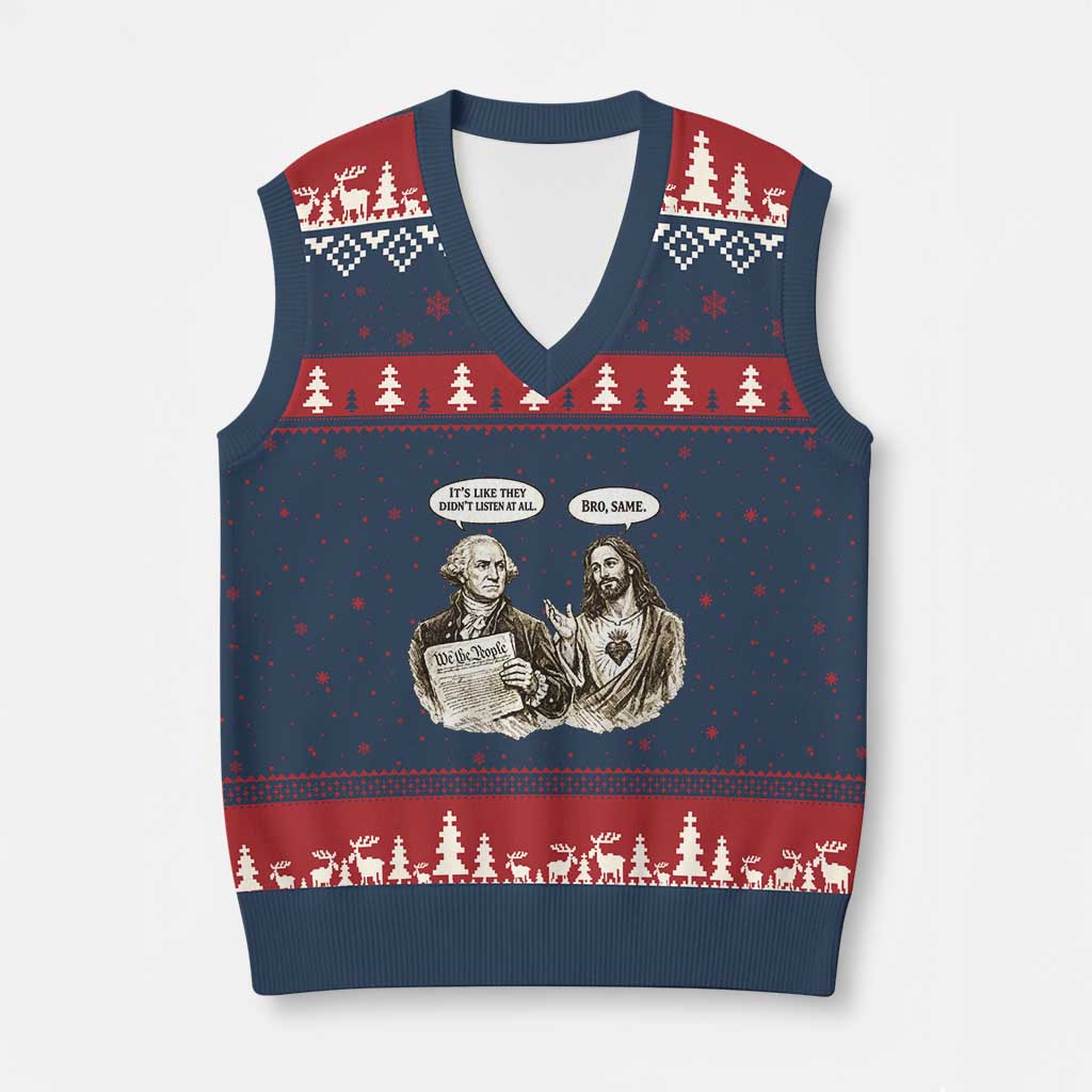 George Washington and Jesus Funny Historical Conversation V-Neck Knit Sweater Vest Its Like They Didnt Listen At All Meme Patriotic Humor TS02 Navy Red Print Your Wear