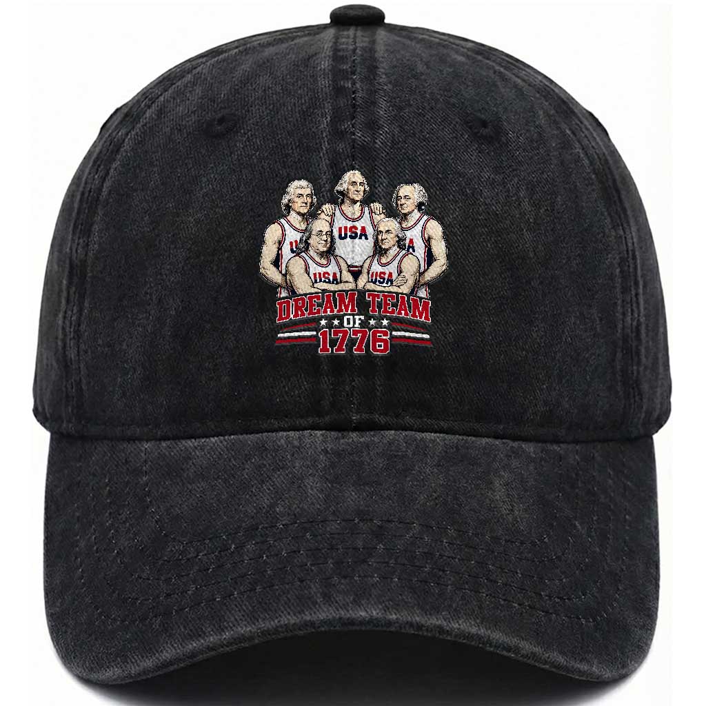 Dream Team of 1776 Funny Founding Fathers Basketball Players Washed Cotton Baseball Cap Patriotic Sports Team Parody 4th of July 250th Anniversary TS02 Print Your Wear